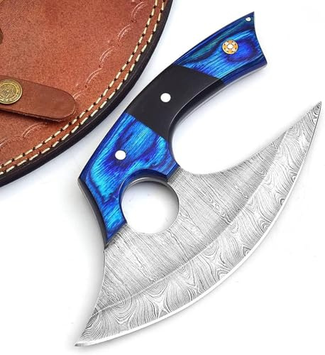 Handmade Damascus Steel Ulu Knife - Alaskan Damascus Ulu Knife With Sheath - Damascus Alaska Knives For Men and Women - Skinning, Chopping,Rocking, Mincing, Slicing Meat & Herb (1515 blue,black)