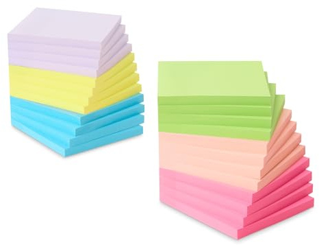 Amazon Basics Notas Adhesivas de Tamaño Estándar, 24 Blocs, Blocs de Notas Autoadhesivas, Colores Pastel, 7,6cm x 7,6cm