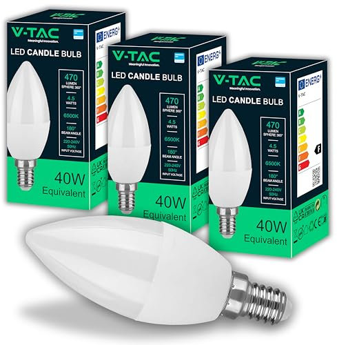 V-TAC 3x Lampadine LED Candela con Attacco E14-4,5W (Equivalenti a 40W) - Lampadine di Nuova Generazione - 470 Lumen - Massima Efficienza e Risparmio Energetico - 6500K Luce Bianca Fredda