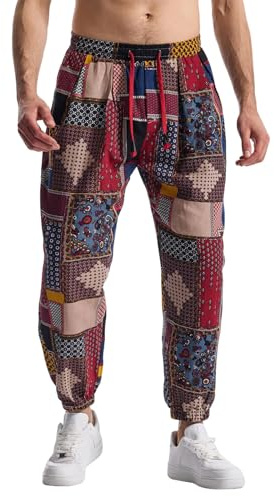 MakingDa Pantalon de survêtement en coton imprimé 3D pour homme - Taille élastique - Hippie Bloomers - Pantalon cargo pour la plage, la marche, la course à pied, le jogging