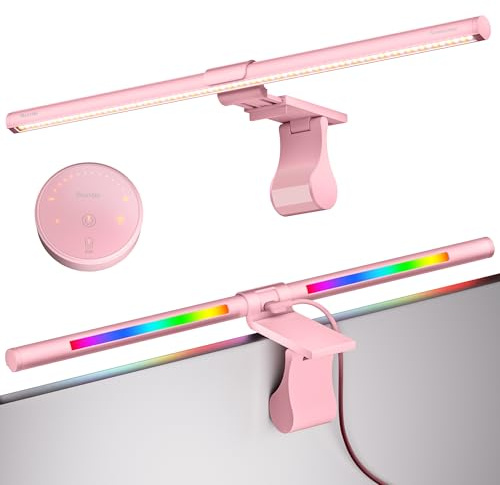 Quntis Lámpara Monitor con Retroiluminación Rgb 51CM, Barra Luz de Monitor Remota con 15 Modos, Regulable y Antideslumbrante, Luz Ordenador para Hogar Oficina Estudio - Rosa