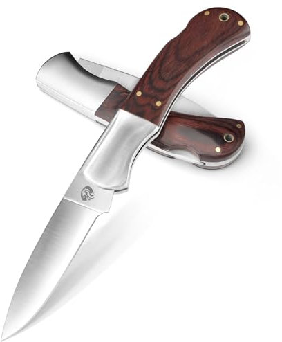 DRACHENADER Couteau de Poche, Couteau Pliant avec Verrouillage Arrière, Lame en Acier 440C, Manche en Bois – Idéal pour le Camping et la Randonnée, Étui en cuir