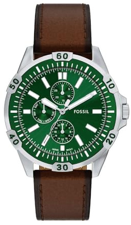 Fossil Garrett Montre Homme, Mouvement Multifonction Quartz avec bracelet en acier inoxydable ou cuir, Marron et vert, 44 mm