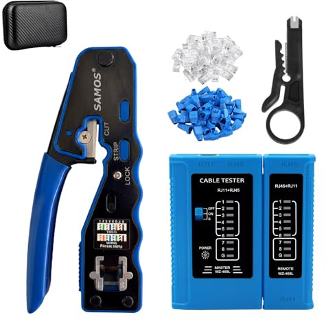 Samos® Crimpadora RJ45 Profesional con Tester RJ45 y Conectores – Kit Completo con Comprobador RJ45, Herramienta de Crimpado para Conectores y Terminales Eléctricos – Ideal para Redes Ethernet