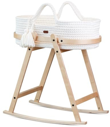 LIINI® Babywiege mit Moseskorb – sanfte Wiegebewegung, handgehäkelt, nachhaltiges Holzgestell, inkl. Matratze & Zubehör – ab Geburt bis 9 kg – Farbe Cream