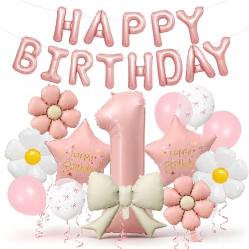 Födelsedagsdekoration 1 år flicka, tusensköna, dekoration med rosa ballonger | Födelsedagsflicka set med folieballong, Happy Birthday-ballong och blommor, festdekoration för en förtrollande fest
