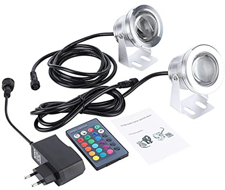 Faretto a LED con Luce Subacquea da 10 W, 2 Pezzi Lampada Subacquea IP68 Faretto con Luce Subacquea a LED RGB Impermeabile con Telecomando Cavo da 2 M per Acquario con Acquario(Silver)
