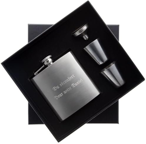 Fiaschetta per alcolici personalizzata con incisione del testo - Fiaschetta in acciaio inox argentata da incidere - Fiaschetta per whisky personalizzata con imbuto e bicchieri in acciaio inox