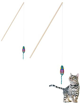 Relaxdays Katzenangel mit Maus, 2er Set, interaktives Katzenspielzeug, 106 cm lang, Beschäftigung Katzen & Kitten, bunt