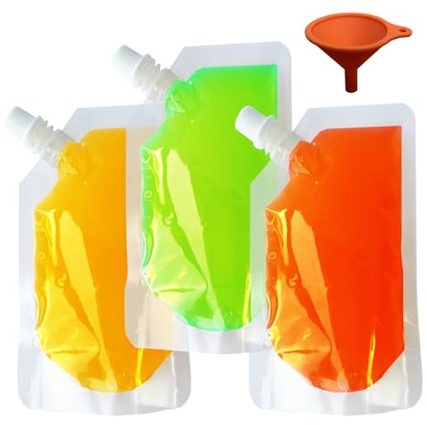 Yelinosk 20Pack Clear Drink Pouches 250ml with caps and Funnel for Festivals,Leak Proof Alcohol Juice Liquid Pouches Bags, Beverage Bags, Plastic Hip Flask for Parties, Picnic, Travel, Sports