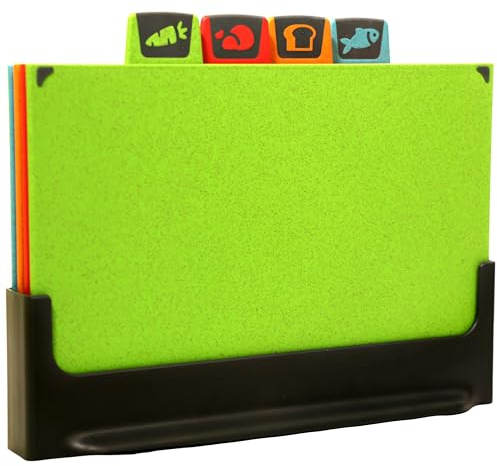 Premium 4-Piece Color-Coded Chopping Board Set with Stand. Essential New Home Kitchen Accessories - Durable, Non-Slip, BPA Approved, Eco-Friendly