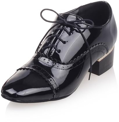 SHEMEE Chunky Heels Oxfords for Women Patent Leather Mid Low Heels Pumps Retro Wingtip Laced Brogues Shoes Black,Size 10