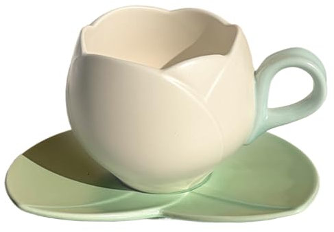 Taza de té de flores, taza de tulipán con platillo, 10 oz/300 ml de taza de té de flor de cerámica con mango, taza de café de flores de forma irregular, taza de flores para lavavajillas caseras de of
