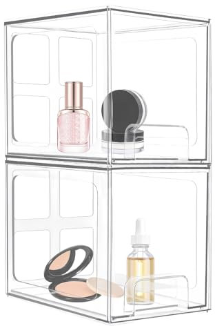 2 Pcs Cassetti Plastica Impilabili, 19,05x15,24x16,7 cm, Organizer Trucchi con 16 Tappetini Antiscivolo, Scatole Portaoggetti con Coperchio, Contenitore Cosmetici per Toeletta Bagno Camera Letto (A)