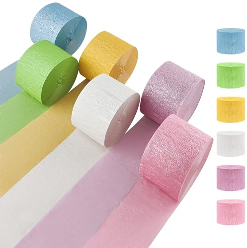 Oun Nana Metallic Pastel Crepe Paper Streamers 6 Rolls, 2.2 x 123 Ft Birthday Streamers Party Decorations for Baby Shower Bachelorette Bridal Shower Graduation Wedding Engagement Anniversary