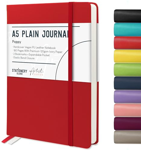 Stationery Island A5 ofodrad anteckningsbok, slät inbunden anteckningsbok med 120 g/m² tjockt premiumpapper, 180 sidor, tom anteckningsbok med hårt omslag för att skriva, studie, röd
