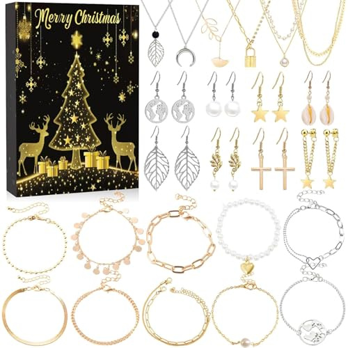 Vartegas Adventskalender 2024 Schmuckset Gold Perlen Damen Hypoallergen Für Alltag & Party Elegante Geschenkbox Inklusive (B)