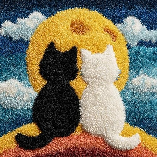 Stile cartone animato Kit di Ganci a Chiusura per Cuscino,Un gatto nero e un gatto bianco sulla luna,federa per cuscino da divano,kit per lavori artigianali,ricamo cucito,federa per cuscino,43x43cm