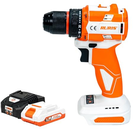 RURIS sladdlös borrmaskin, RMX1260, 60 Nm, borstlös motor, 2 hastigheter, 0–10 mm chuck, LED, 5 skruvbits och 7 borrar + 20 V 2 Ah batterikit och laddare