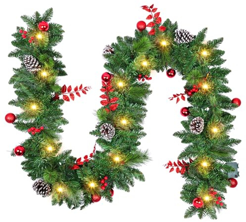 Guirnalda Navideñas con Luces LED, Guirnalda de Navidad 2,7m, Corona Navidad Puerta Artificial, Decoracion Navidads 2025 para Exterior/Interior, Chimeneas, Escaleras