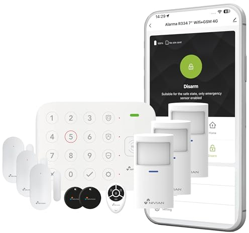 NIVIAN Système d’Alarme WiFi Intelligent – Kit Maison sans Fil avec Clavier, Capteur d’Ouverture, Détecteur de Mouvement, Télécommande et Cartes RFID – App Tuya – Sécurité Domestique Connectée