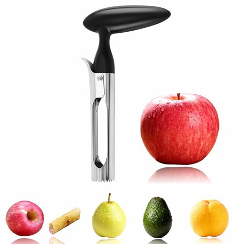 Premium Stainless Steel Apple Corer, Professional Fruit Core Remover Tool with Ergonomic Black Handle, Serrated Blades for Apples, Pears, Peaches, Plums, Easy Use & Clean (Black)