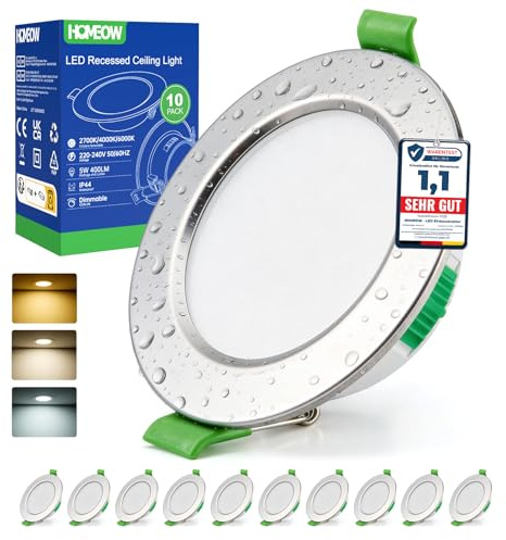 HOMEOW Set med 10 infällda LED-spotlights, 68 mm–80 mm utskärning, 5 W, extra platta takspotlights, varmvit 2 700 K, neutralvit 4 000 K, kallvit 6 000 K, nickelspot för badrum IP44, för kök