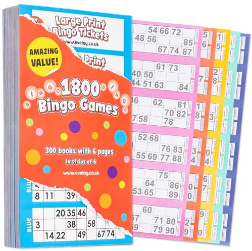 evelay Bingo Books 50 Pack | 6 Page Books Large Print 1800 Tickets Multi-Coloured with Security Codes | Easy Tear-Out Bingo Cards