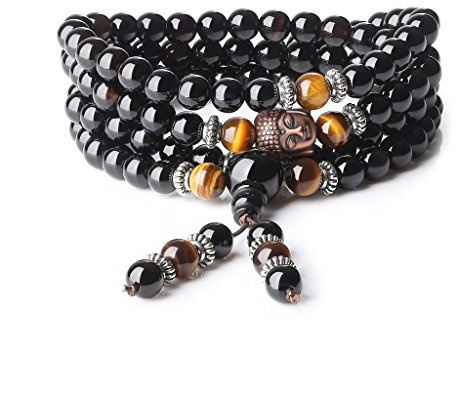 COAI Bracciale Collana 108 Perle Mala in Onice e Occhio di Tigre Marrone con Inserto Testa del Buddha, Bracciale Rosario da Preghiera in Pietre Naturali