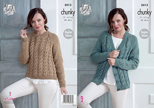 King Cole Ladies Chunky Knitting Pattern Womens Raglan Sleeve Cabled Cardigan & Sweater (5012),Multicolor,28 - 46” bust