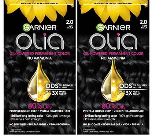 Garnier Hair Color Olia Ammonia-Free Brilliant Color Oil-Rich Permanent Hair Dye, 2.0 Soft Black, 2 Count (Packaging May Vary)