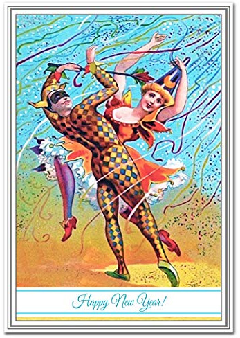 Happy New Year Card - Old Fashioned 1900s - Victorian Edwardian Era style - Harlequin Dancers theme - Traditional New Years Wishes Greeting Best Design - Blank inside to write own message