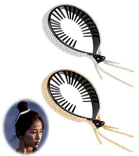 SHULLIN 2 Stück Pferdeschwanz Haarklammern Große Haarklammer Rutschfest Haarspangen Klaue Clips Strass Haarnadel Quaste Haarnadel Haar Accessoires für Frauen Damen Mädchen（Bunt,Golden）