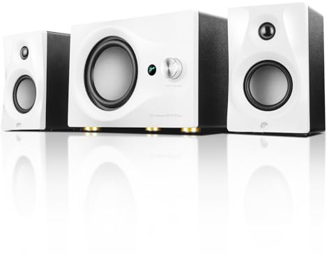 HiVi-Swans M10 Plus - Altavoz de estantería blanca, altavoces de computadora con tecnología Bluetooth con subwoofer 2.1 para altavoces para el hogar, sistema estéreo – 60 W RMS – Audio AUX