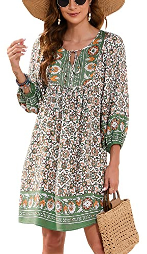 Bluetime Women Casual Summer Dress Boho V Neck 3/4 Sleeve Babydoll Floral Print Flowy Beach Dress (XXL, Dark Green)