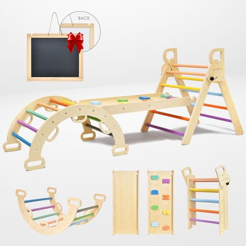BlueWood Wooden Triangle Telaio da Arrampicata con Triangolo Arco e Salita, Set da Arrampicata per Bambini, Palestre Montessoriano e Arrampicata Indoor per Bambini 1 Anni + (Arcobaleno)