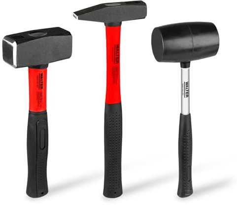 WALTER Hammer-Set 3-tlg., Schlosserhammer, 300, 300, 1000, Gummischonhammer, Gummi Gleitschutzgriffe, Fieberglasstiele, ergonomisch geformt, sichere Handhabung, vielseitig einsetzbar