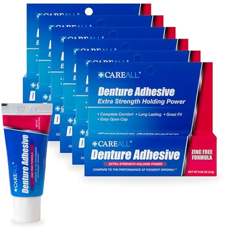 CareAll Denture Adhesive 0.85 oz. (Pack of 6), Zinc Free Formulation, Original Maximum Hold, Contains Natural Ingredients. Travel Size Bulk Value Pack