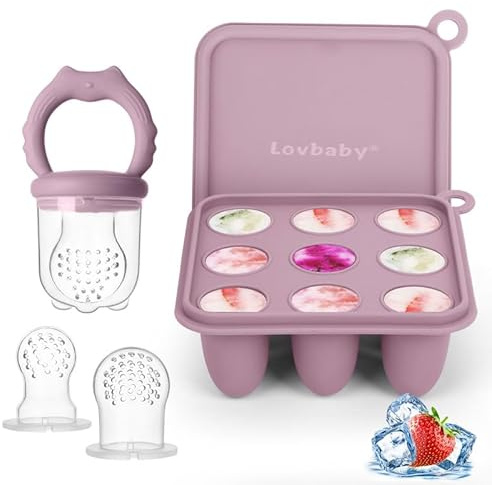 Silikon Fruchtsauger Baby Babybrei Einfrieren Behälter Set, Lebensmittel Zum Kühlen Und Lindern Des Zahnens, Selbstfütterung Zum Obst, Muttermilch, inklusive 3 zusätzlichen Schnullern (Dusty Lilac)