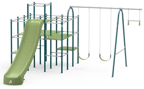 Modular Jungle Gym Set for Kids by ACTIVPLAY, Outdoor Playset, Swing, Slide, Rust Resistant, No Pinch Joints, Adjustable Platforms with Safety Grooves, Heavy Duty Metal Frame