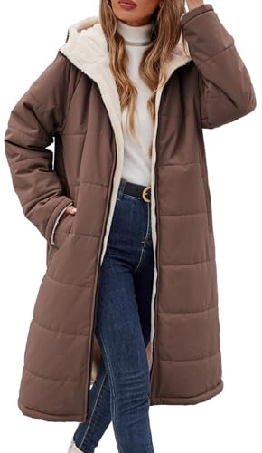 Tuopuda Chaqueta con Capucha Gruesa de Abrigo Largo de Invierno para Mujer Reversible Abrigo de Forro Polar con Cremallera y Bolsillos(Café,XXL)