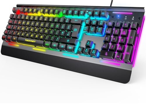 TECKNET RGB Gaming Keyboard, 105 Keys, All-Metal Panel, 15-Zone RGB Backlighting, Quiet & Comfortable, 25 Anti-ghosting Keys, IP32 Water & Dust Resistant, USB Wired Keyboard with Wrist Rest