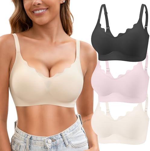 Jasmolly Womens Seamless T-Shirt Bras 3 Pack Wireless Comfy Jelly Bra, Full Coverage Bralette No Show Under Clothes (Black+White+Pink,Small)