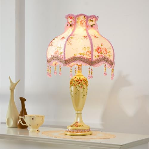 Retisee Victorian Flower Table Lamp Floral Coquette Lamp with Vintage Lace Placemat Fabric Lampshade Beaded Fringe Antique Lovely Decorative Bedside Night Light for Bedroom Nightstand(Pink Victorian)