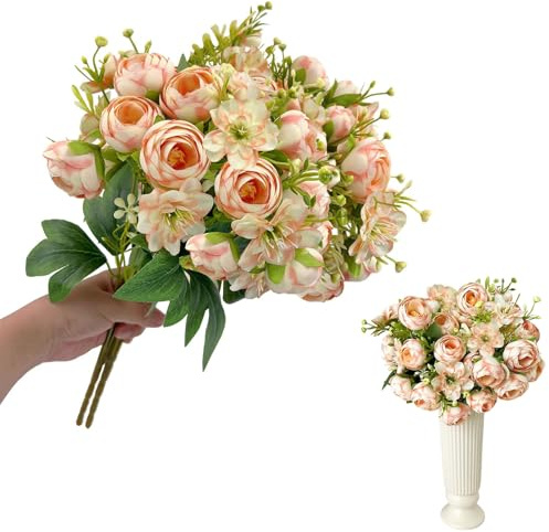 Dagliga skatter, 2 buketter, konstgjorda blombuketter, 40 cm konstgjorda ranunklar med krysantemum, fuskpioner med stjälkar, orange silkesblommor arrangemang för hem bröllopsfest bruddekorationer