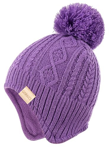 Kids Winter Beanie Hat and Scarf Set with Pom Pom for Girls, Children's Thick Ski Cap with Earflap Fleece Lined Hat 3-9 Years Purple