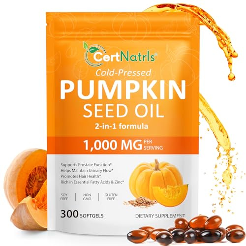 Pumpkin Seed Oil Capsules | Cold Pressed, Essential Fatty Acids & Zinc | 300 Softgels Supports Hair, Urinary, Bladder & Prostate Health | Non-GMO,Soy Free,Gluten Free