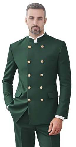 Chinese Tunic Suit Slim Fit Hunt Green Men Suits 2 Piece Set Mandarin Collar Chinese Suits for Men Gold Button Blazer Jacket Pant Set Traditional Suit, XL