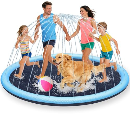 Tapis de Jet d’Eau 200CM pour Enfants et Chien, Tapis Arroseur Antidérapant en PVC Écologique, Splash Pad Jeu d’Eau Extérieur Jardin Été avec Adaptateur (Bleu)