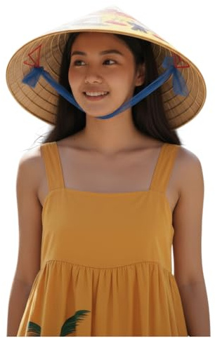Terrapin Trading Sombrero de bambú cónico pintado a mano con diseño tradicional, 40 cm de diámetro, incluye correa para la barbilla
